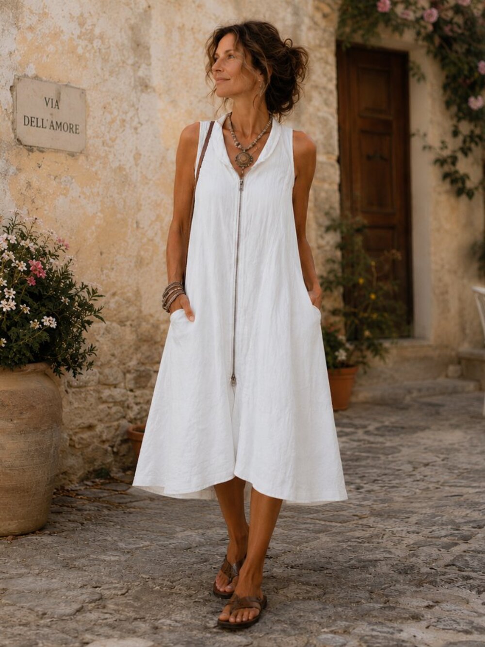 Inizio Linen Dress White Sleeveless Lagenlook Italian Made Boho Midi Dress Small